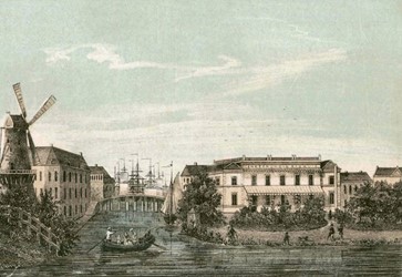 <p>Zicht op de Diezerpoortenbrug in 1855, met rechts het Geneeskundig Badhuis aan de Badhuiswal. Op de achtergrond de masten van schepen in de huidige Thorbeckegracht (HCO Zwolle). </p>
